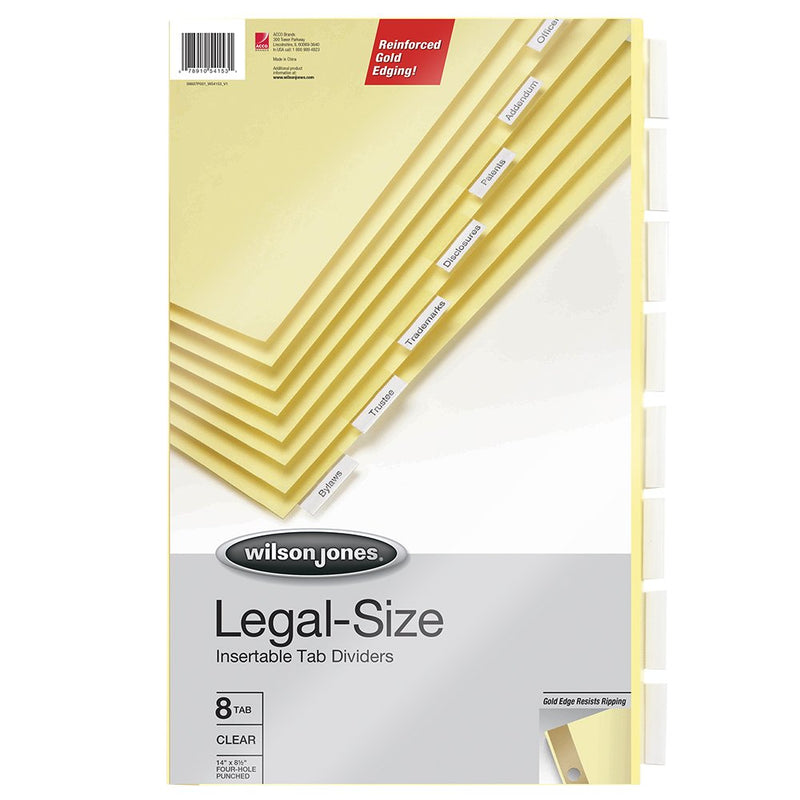 Wilson Jones Legal Insertable Dividers, 8-Tab Set, 4-Hole Punched, Clear Tabs on Buff Paper, 8.5 x 14 Inches (W54153)