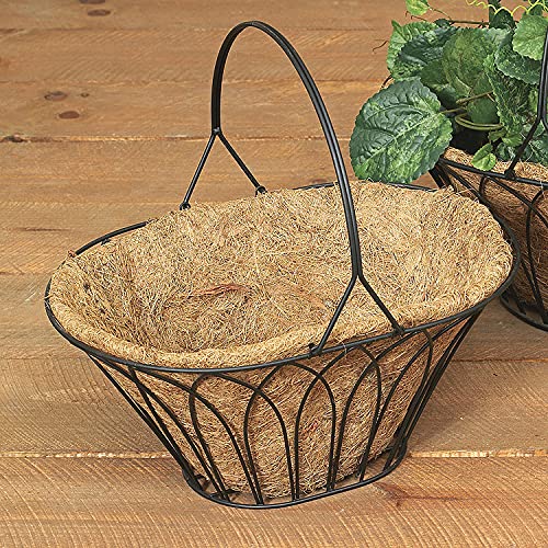 Gerson International 1456810 Oval Black Metal Wire Handle Basket with Coco Mat Liner, 15-inch Length