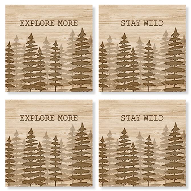 Carson Home Wood Trees House Coaster, 4-inch Square, Set of 4