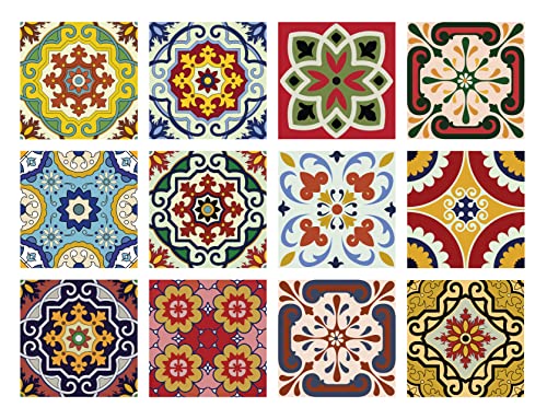 Mi Alma Tile Stickers 24 PC Set Authentic Traditional Talavera Tiles Stickersl Bathroom & Kitchen Tile Decals Easy to Apply Just Peel & Stick Home Decor 6x6 Inch (Mexican Spanish 24pc C55)