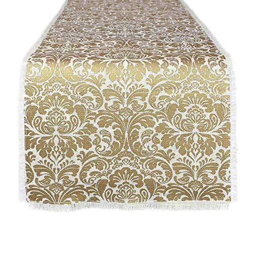 DII Design Holiday Collection, Jute Tabletop, Table Runner, 14x108, Gold Damask