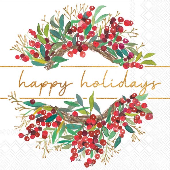 IHR Ideal Home Range Cocktail Disposable 3-Ply Paper Beverage Napkins, 5" x 5", Happy Holidays Wreath