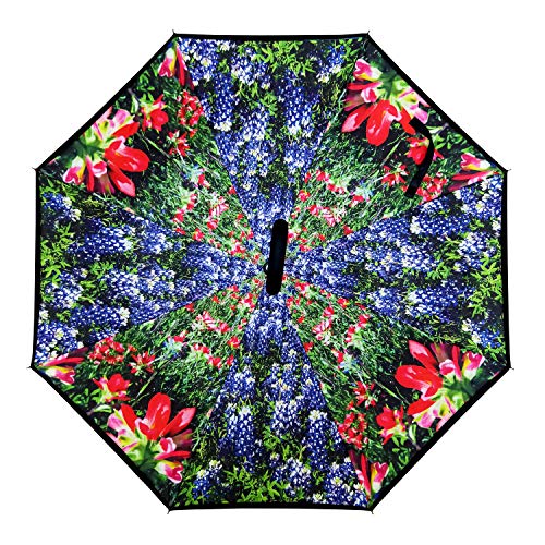 Calla Topsy Turvy Inverted Umbrella, Windproof, UV Protection, Drip-Free Inverted Design, Hands-Free Option, Comfort-Grip C-Shaped Handle and Exclusive Patterns, Blue Bonnet Wild Flowers
