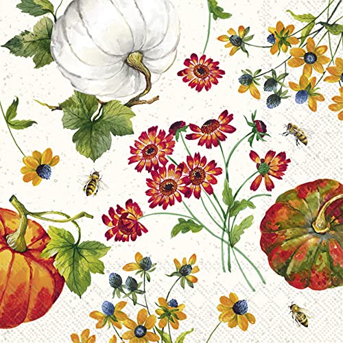 Boston International IHR Floral Fall Autumn Thanksgiving 3-Ply Paper Napkins, 20-Count Cocktail Size, Pumpkin Flowers- Cream