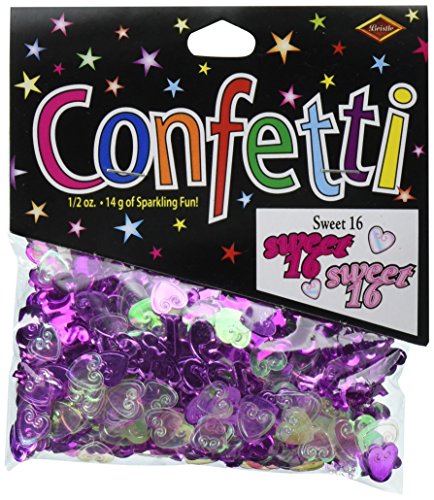 Beistle Sweet 16 and Embossed Hearts Cutout Plastic Confetti, 1 Pack, Pink