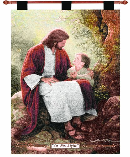 Manual Inspirational Collection 26 x 36 Inch Christian Hanging Multicolor Woven Wall Art Tapestry D‚àö√Ö‚àö¬∫‚àö¬∞cor with Finial Rod, In His Light by Greg Olsen, Portrait of Jesus & Small Child