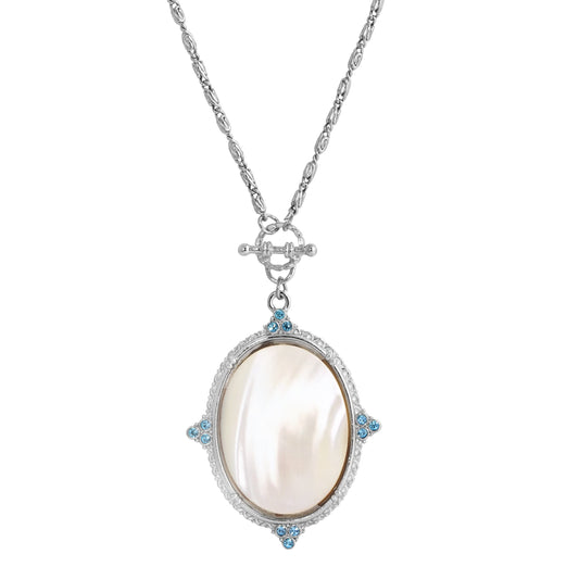 1928 Jewelry Acquamarina Mother of Pearl Oval Pendant Toggle Necklace 30 Inches