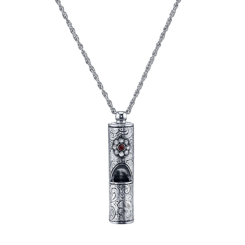 1928 Jewelry Vintage Inspired Silver Tone Pewter Whistle Pendant Necklace With Crystal Flower 28" (Red)