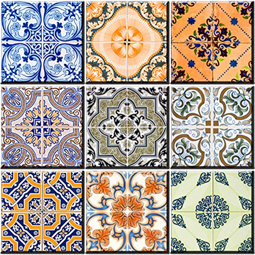 Mi Alma Backsplash Tile Stickers 24 PC Set Authentic Traditional Talavera Tiles Stickers Bathroom & Kitchen Tile Decals Easy to Apply Just Peel and Stick Home Decor 4x4 Inch (Portuguese Pattern HA3)