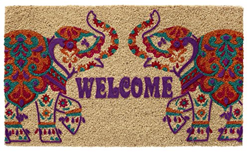 Larry Traverso Boho Market Printed and Flocked 100% Coir Doormat, 18 x 30 inches, Slip-Resistant PVC Backing, Durable, Sustainable, Multi-Colored, Elephant Welcome Design, 5 Styles Available