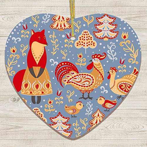 OrnamentallyYou Scandinavian Folk Themed Christmas Ornaments (Ethnic Fox Maid and Rooster Nature Ornament, Christmas Forest Scandinavian Theme (Heart))