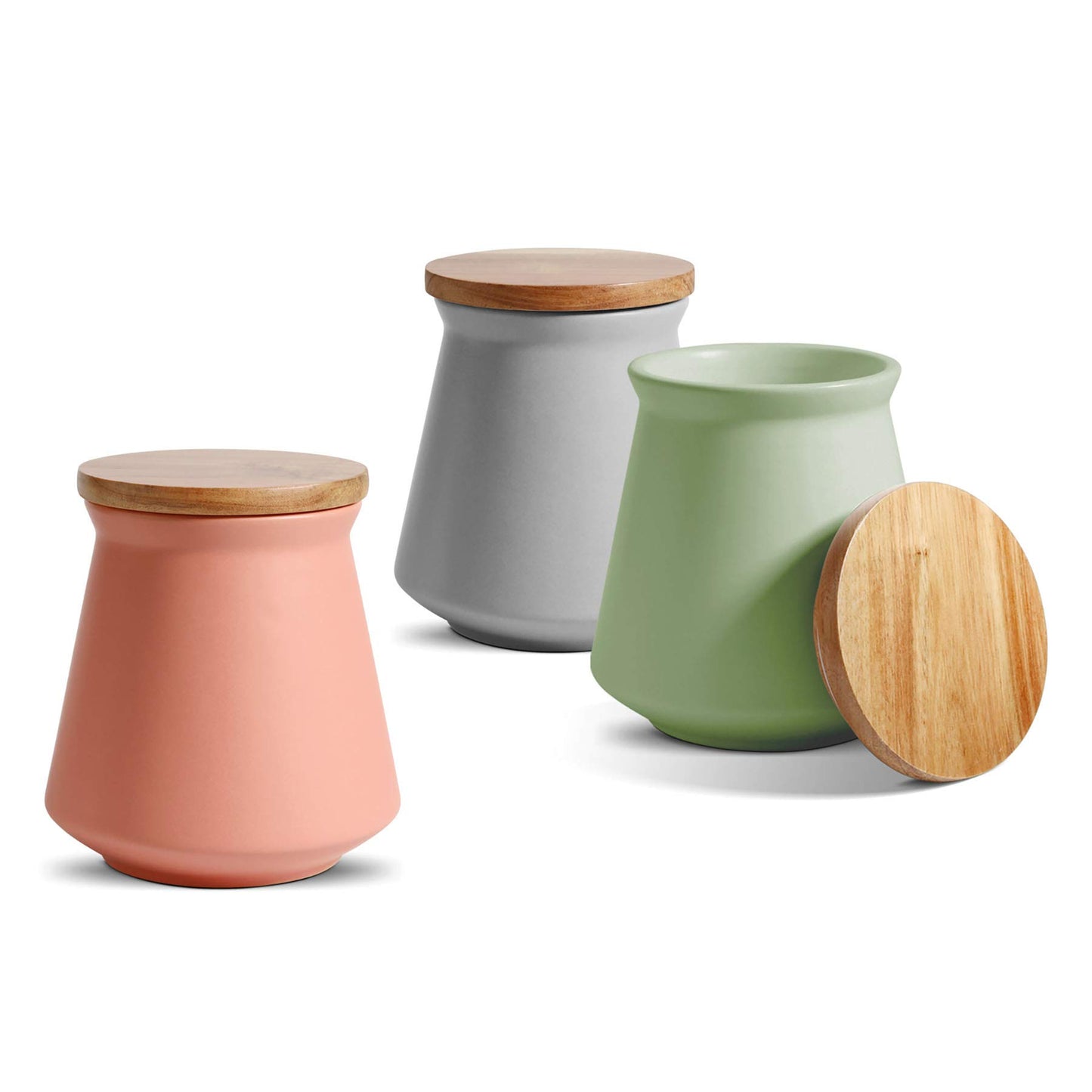 ComSaf Ceramic Food Storage Canister with Airtight Wood Lid (27oz/800ml), Food Storage Jar Container with Seal Bamboo Lid for Kitchen Pantry Serving Tea, Coffee, Sugar and Spices, Set of 3
