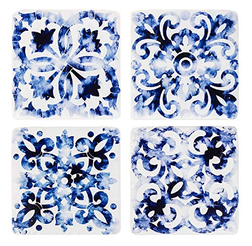 Ganz Blue and White Medallion Coaster with Holder Set of 4