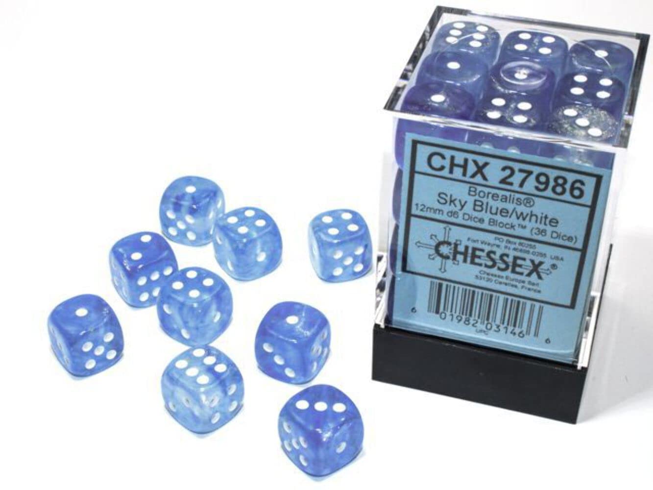 Chessex Borealis 12mm d6 Sky Blue/White Luminary Dice Block (36 dice) (27986)