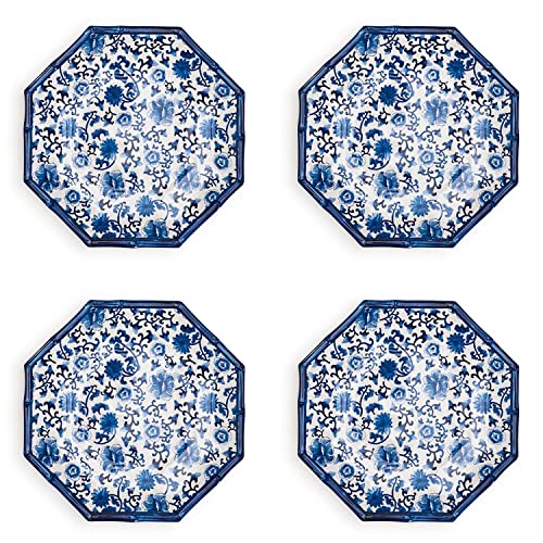 Two's Company Chinoiserie Touch Set of 4 Octagonal Salad/Dessert Plate w/Bamboo Rim
