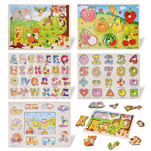 FUN LITTLE TOYS 5 Packs Wooden Peg Puzzle for Toddlers, Kids Knob Puzzles Set - Alphabet, Numbers, Fruits, Animals and Vehicles, Learning Puzzles