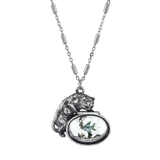 1928 Jewelry Women's Pewter Cat w/Blue Enamel Fish in Glass Fishbowl 30 inch Necklace, Silver, One Size