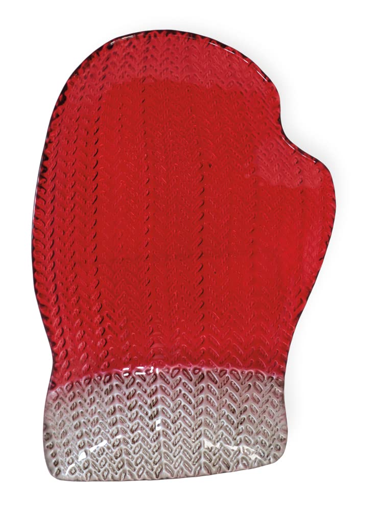 Boston International Holiday Glass Serving Plate, Large, Red Mitten