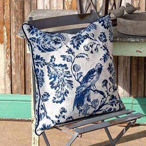 Park Hill Collection EXN80259 Blue Down Filled Bird Toile Throw Pillow, 22-inch Square