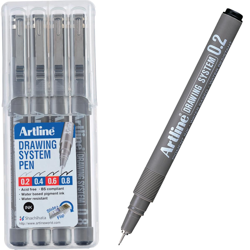 artline Drawing System Pens, 0.2, 0.4, 0.6, 0.8 mm Writing Widths, Black, 4 Pack (EK-230-4PW2)
