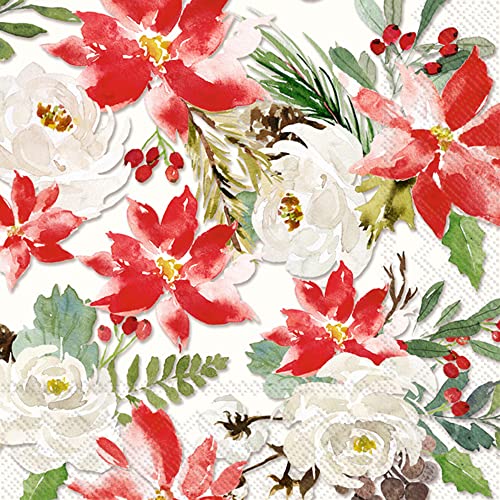 Boston International IHR Winter Holiday Christmas 3-Ply Paper Napkins, 20-Count Cocktail Size, Mabel- Cream- Red