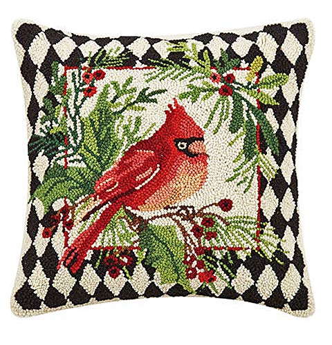 Peking Handicraft Holiday Harlequin Christmas Cardinal Hooked Throw Pillow - 18" x 18"