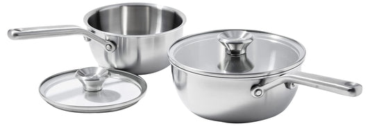 OXO Mira Tri-Ply Stainless Steel, 1.5QT and 3.57QT Chef's Pan Set with Lids, PFAS-Free, Multi Clad, Induction, Dishwasher Safe, Oven Safe, Silver