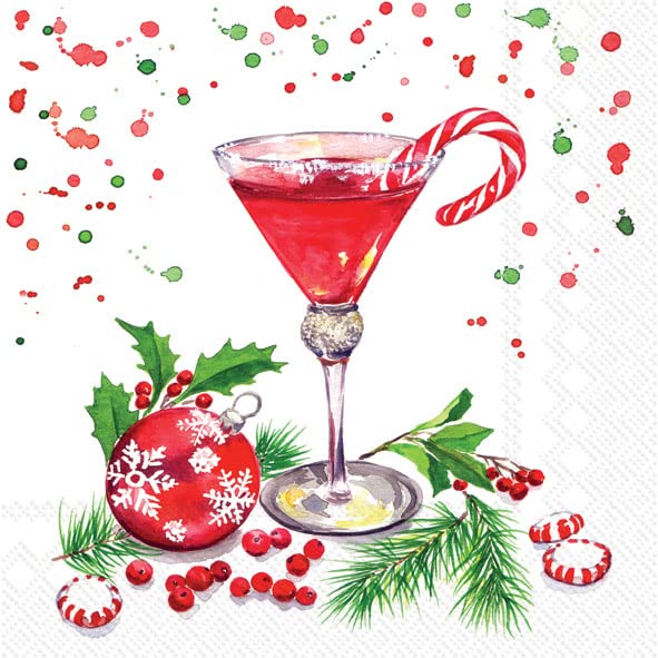 IHR Ideal Home Range Cocktail Disposable 3-Ply Paper Beverage Napkins, 5" x 5", Christmas Martini