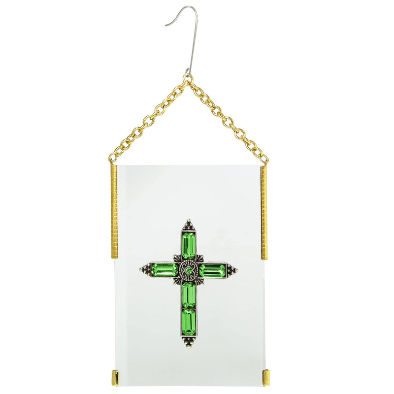 Symbols Of Faith Gold Tone Crystal Cross Glass Hanging Ornament (Green)