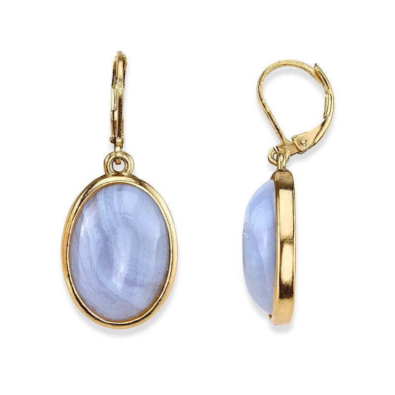 1928 Jewelry 14K Gold Dipped Gemstone Blue Lace Agate Oval Drop Earrings