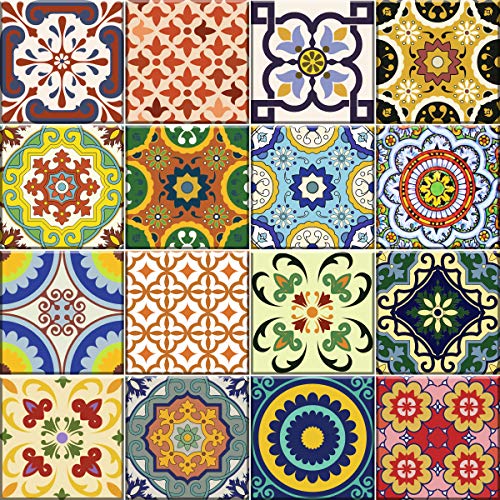 Mi Alma Backsplash Tile Stickers 24 PC Set Traditional Talavera Tiles Stickers Bathroom & Kitchen Tile Decals Easy to Apply Just Peel and Stick Home Decor 4x4 Inch (Backslash Peel and Stick C)