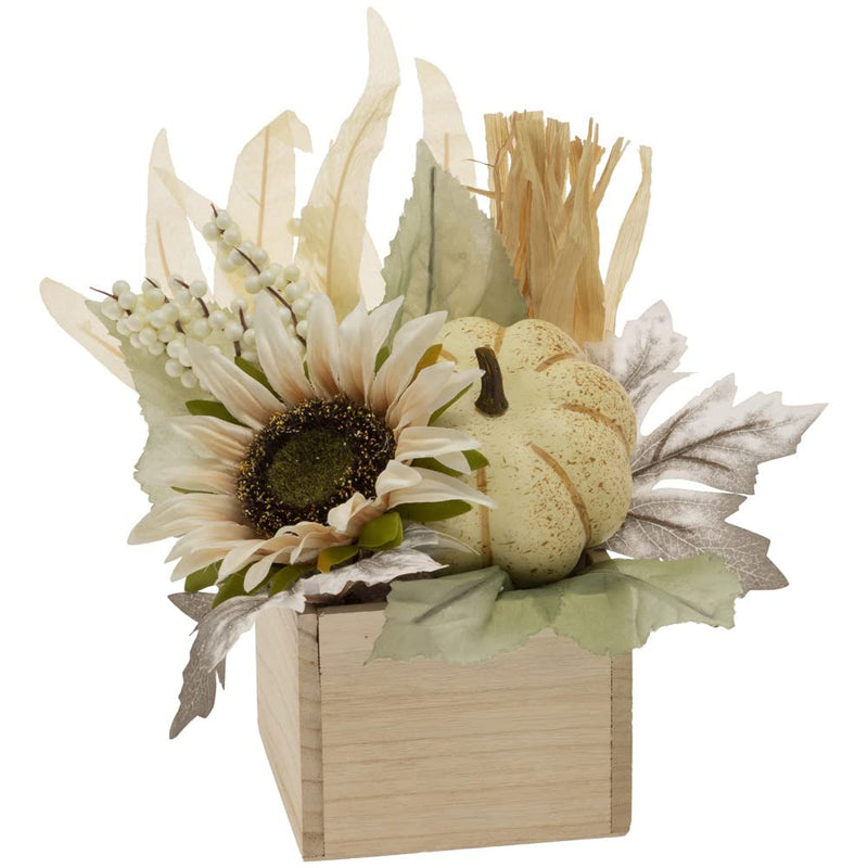 Boston International Fall Autumn Harvest Thanksgiving Tabletop Artificial Bouquet Centerpiece Decoration, 11-Inches, White Sunflower & Pumpkin