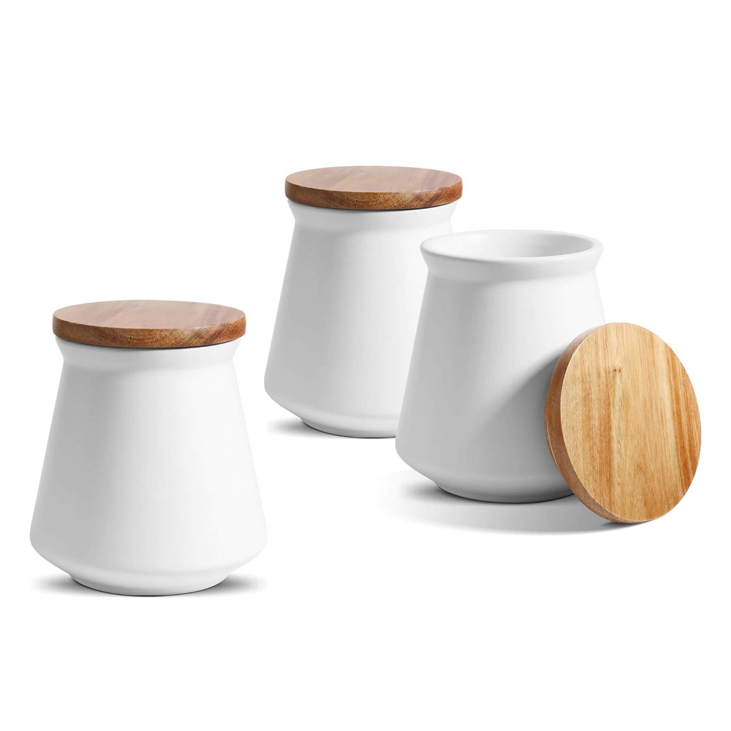 ComSaf Ceramic Food Storage Canister with Airtight Wood Lid (27oz/800ml), White Food Storage Jar Container with Seal Bamboo Lid for Kitchen Pantry Serving Tea, Coffee, Sugar and Spices, Set of 3