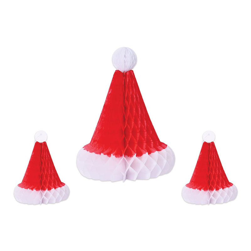 Beistle 3 Piece Honeycomb Tissue Paper Santa Claus Hats for Christmas Party Decorations, 5.25" & 11.75", Red/White