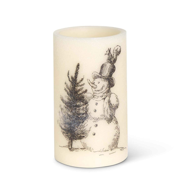 K&K Interiors 53966A 8 Inch Led Vintage Snowman Wax Pillar Candle, White