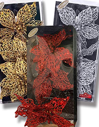 Kurt Adler Glitter Flowers with Clips 8 Inch 3pc Box Sets of Gold Red Silver