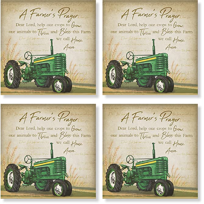 Carson Home Farmer Tractor House Coaster, 4-inch Square, Set of 4