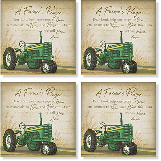 Carson Home Farmer Tractor House Coaster, 4-inch Square, Set of 4