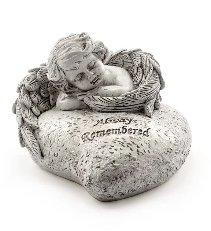 Napco Cherub On Heart Pillow Grey 2.75 x 4.25 Resin Outdoor Garden Statue