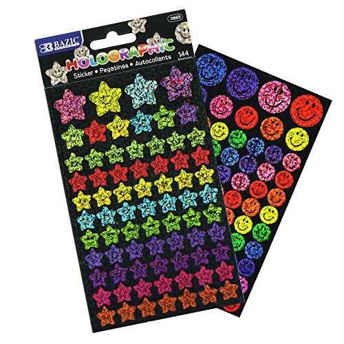 BAZIC Holographic Reward Sticker, Mirror Laser Effect Glitter Halo Glossy Stickers, Kids Class Motivation Incentive Gift, Round Stars Colorful, Teacher Parents Kid Supplies, 1-Pack