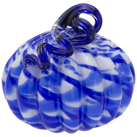 Boston International Pumpkin Fall Autumn Harvest Thanksgiving Tabletop Decorations Hand Blown Glass, Small, Blue Ribbon