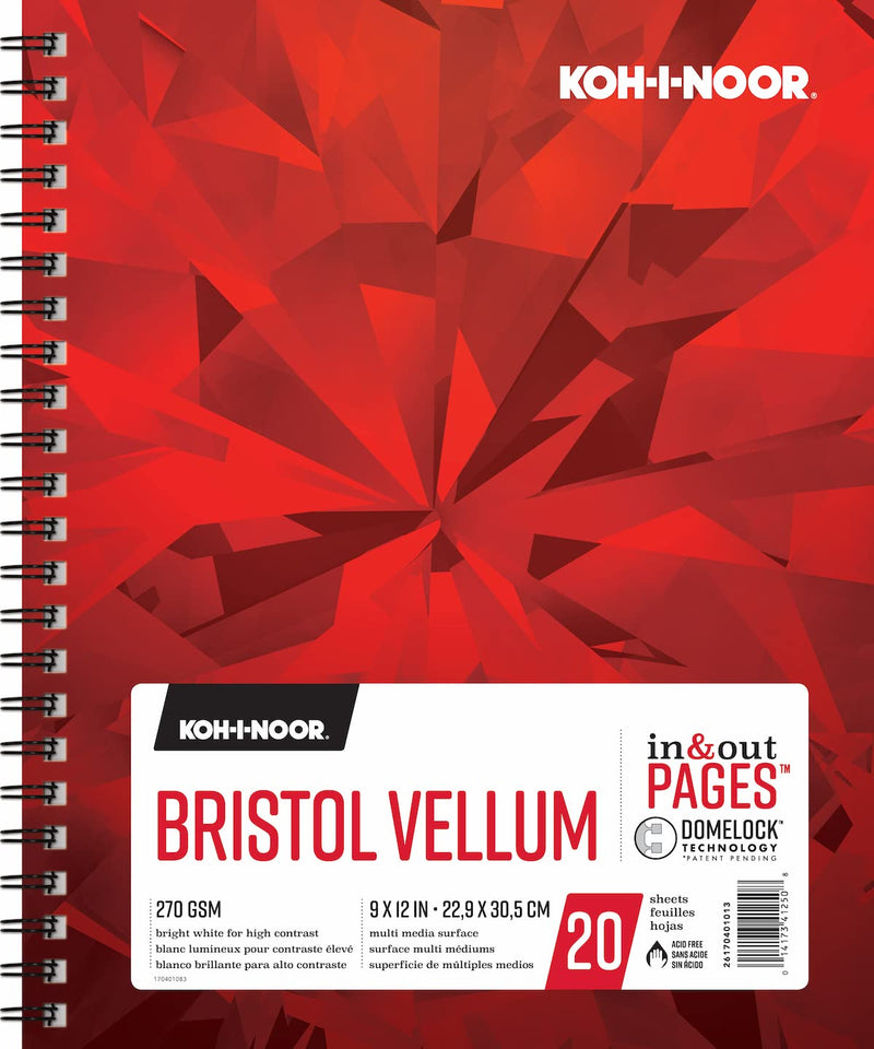 Koh-I-Noor Bristol Vellum Bright White Paper Pad with In and Out Pages, 270 GSM, 9 x 12", Side Wire-Bound, 20 Sheets per Pad (26170401013)