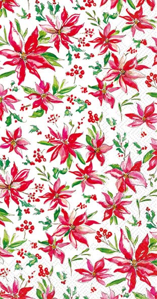 IHR Ideal Home Range Dinner Disposable 3-Ply Paper Guest Towels Buffet Napkins, 8.5" 4.5", Poinsettia Collection