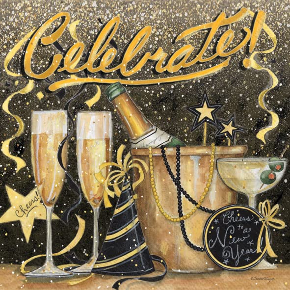 IHR Ideal Home Range Cocktail Disposable 3-Ply Paper Beverage Napkins, 5" x 5", New Year Celebrate