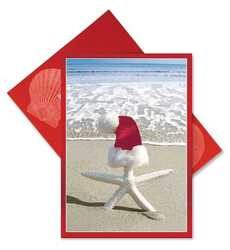 Cape Shore Embellished Christmas Beach Style Cards and Envelopes - Starfish With Red Santa Hat Gift for Birthday, Anniversary, Wedding, Friend, and Family