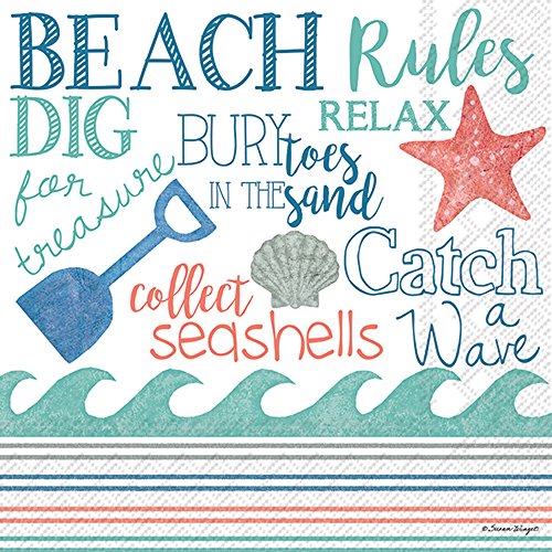 Boston International Celebrate the Home Beach-Themed 3-Ply Paper Cocktail Napkins, Beach Rules, 20-Count