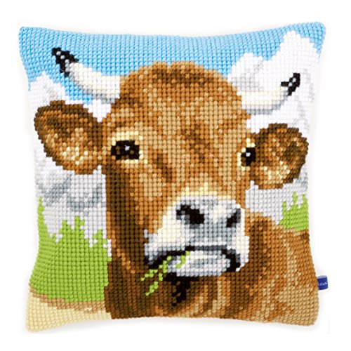 Vervaco Cross Stitch Embroidery Kits Pillow Front for Self-Embroidery with Embroidery Pattern on 100% Cotton and Embroidery Thread, 15,75 x 15,75 Inches - 40 x 40 cm, Cow