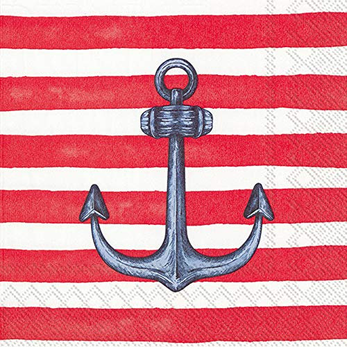 Boston International IHR 3-Ply 20-Count Cocktail Beverage Paper Napkins, 5 x 5-Inches, Sailors Anchor Red