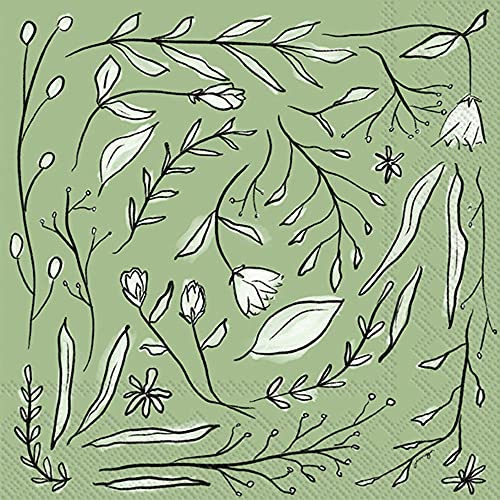 Boston International IHR 3-Ply Paper Napkins, 20-Count Cocktail Size, Organic Floral Green