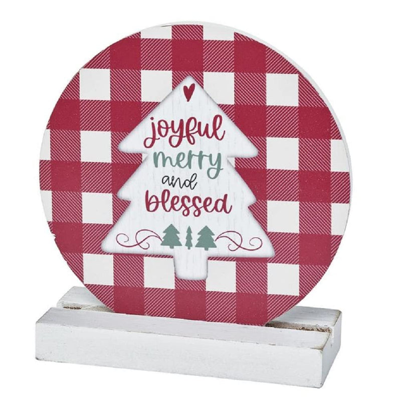 Blossom Bucket Round Joyful, Merry & Blessed Wooden Sign with Christmas Tree On Base